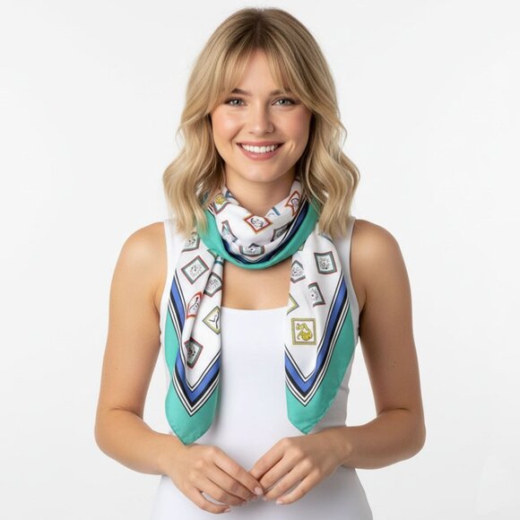 Vintage WEISS Australia Silky Poly Scarf Koala Wombat Italy Green White Animals - Picture 1 of 6